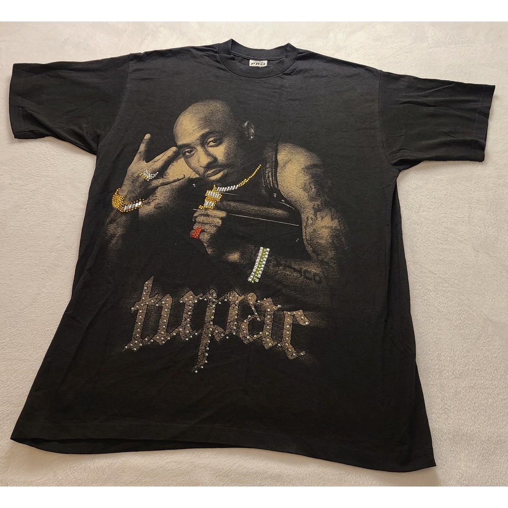 Pro Club Tupac Shakur Graphic Men's T-Shirt Black 2XL Tall Rhinestone HipHop Tee